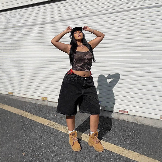 Denim Cropped Pants, Loose Straight-Leg Mid-Length Trousers, Womens American Street Style