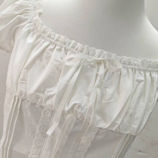 Square Collar Pleated Edge Self-tie Lace Short Top