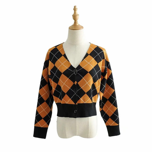 New Long Sleeve V-Neck Cropped Single Breasted Knit Cardigan