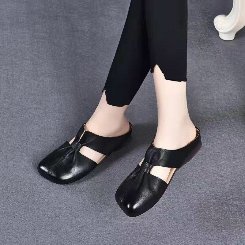Soft Leather Bottom Square Bow Women's Slippers