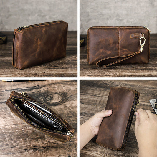 Vintage Brown Crazy Horse Leather Big Screen Mobile Phone Bag