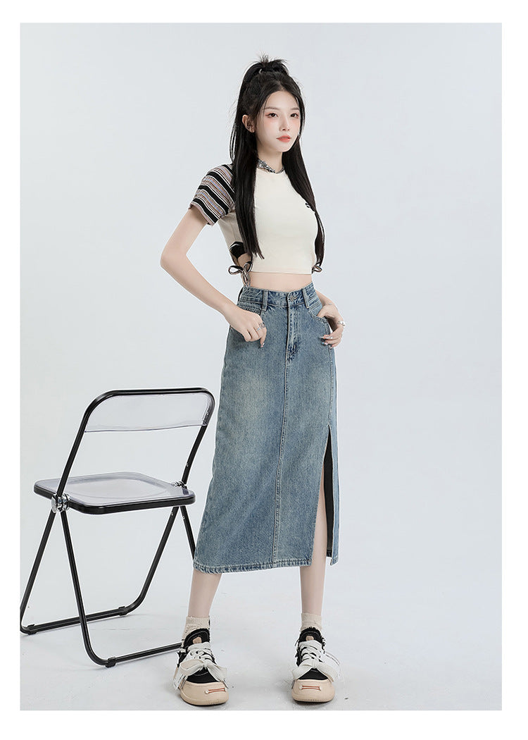 Women's Orange Silk Split Denim Skirt For Hot Girls Summer High Waist