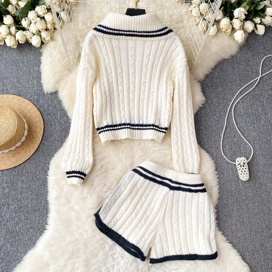 Breasted-collar Striped Sweater And Wide-leg Shorts Set