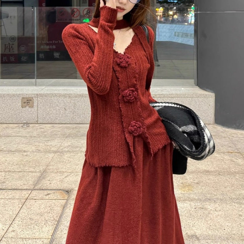 3D Flower V-neck Ribbon Long-sleeved Knitwear High-waisted Slim-fit Set