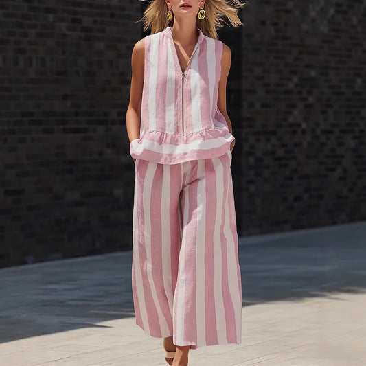 Zip-up Stand-up Collar Shirt And Sleeveless Striped Trousers Two-piece Set