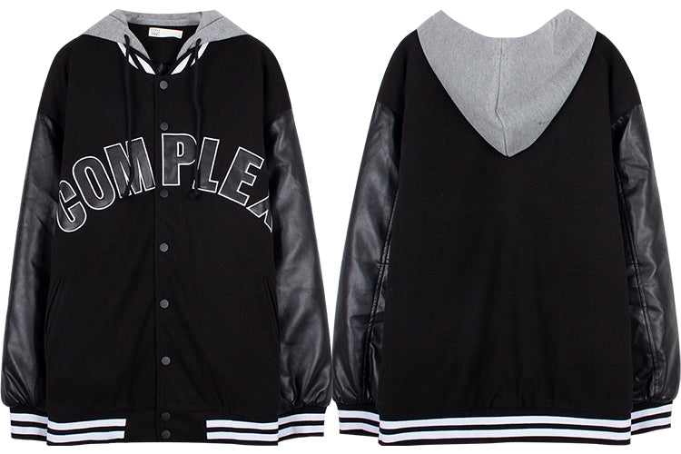American Retro Black Hooded Quilted Baseball Jacket