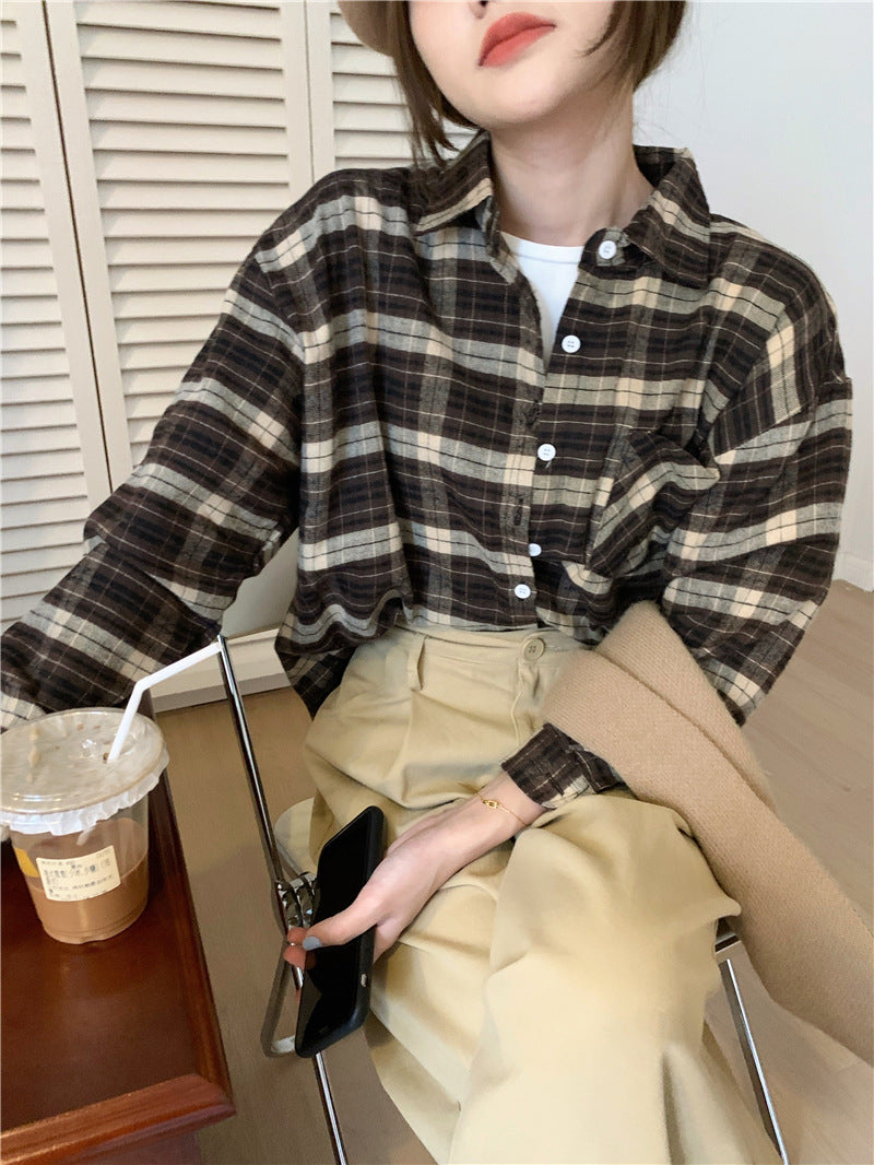 Polo Collar Brushed Shirt Women's Plaid Coat Top