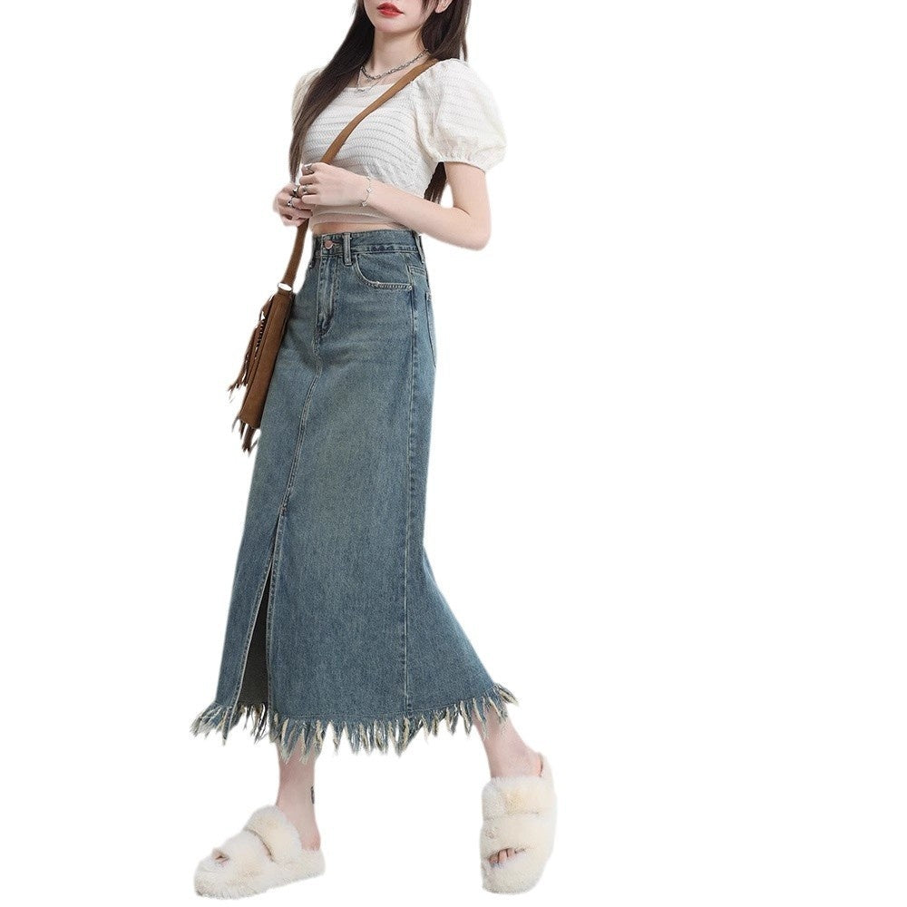 Retro Slids Denim Nederdel Kvinders Kvast Midnatslang Hofte Nederdel