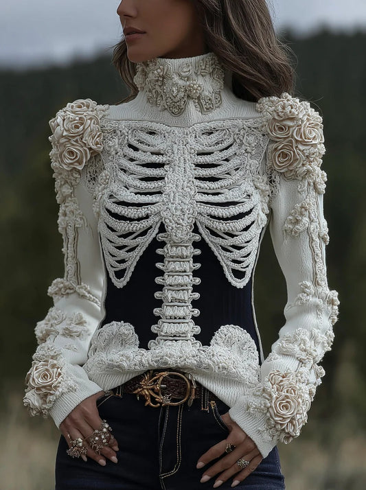 Womens 3D Digital-print Crew-neck Loose Sweater