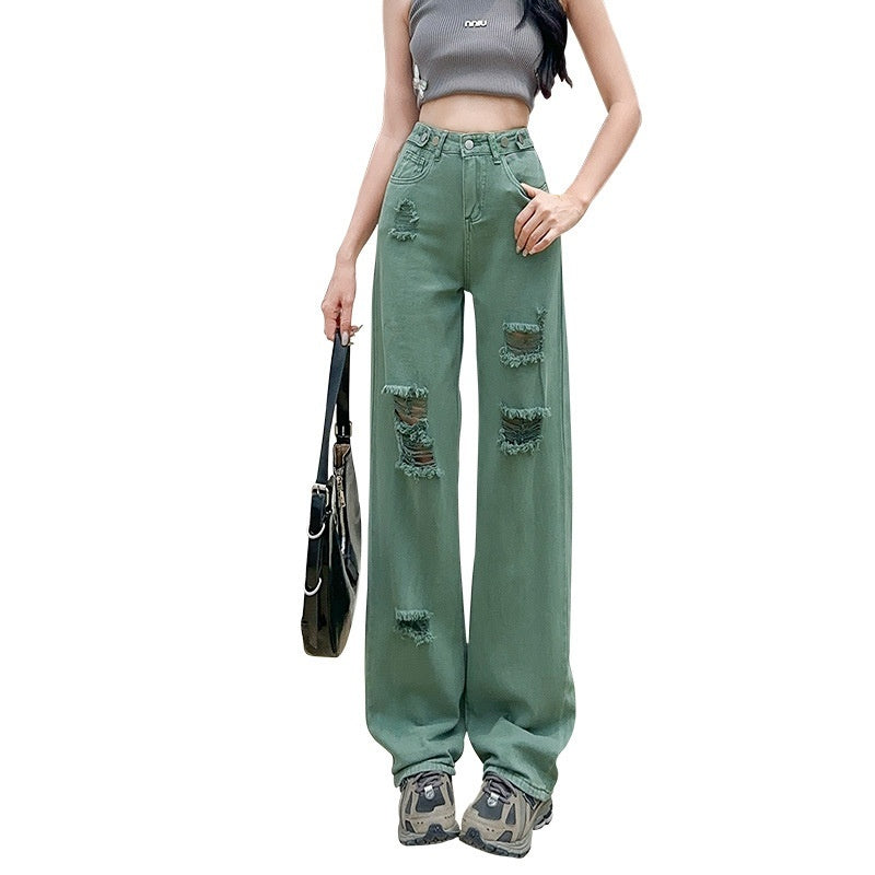 Adjustable Buckle High Waist Ripped Narrow Wide Leg Jeans