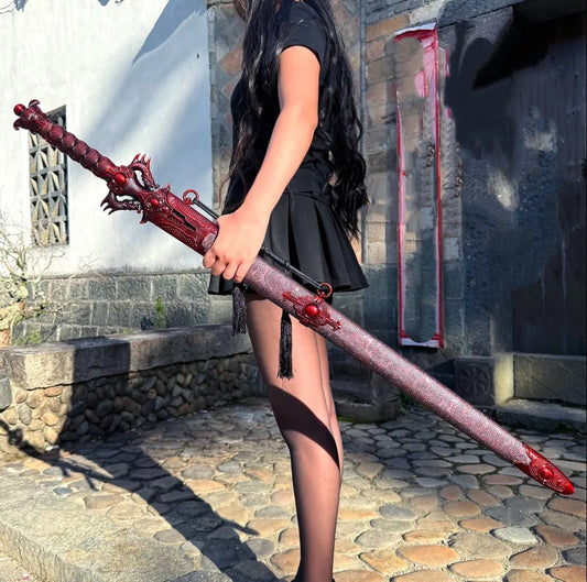Chixiao Longquan Shuanglong Sword One-piece Dragon Spine Blade Alloy Hilt Solid Wood Scabbard With Leather Cover Unsharpened