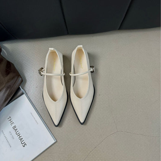 Womens Chunky-Heeled French-Style Retro Pointed-Toe Brown Mary Jane Shoes