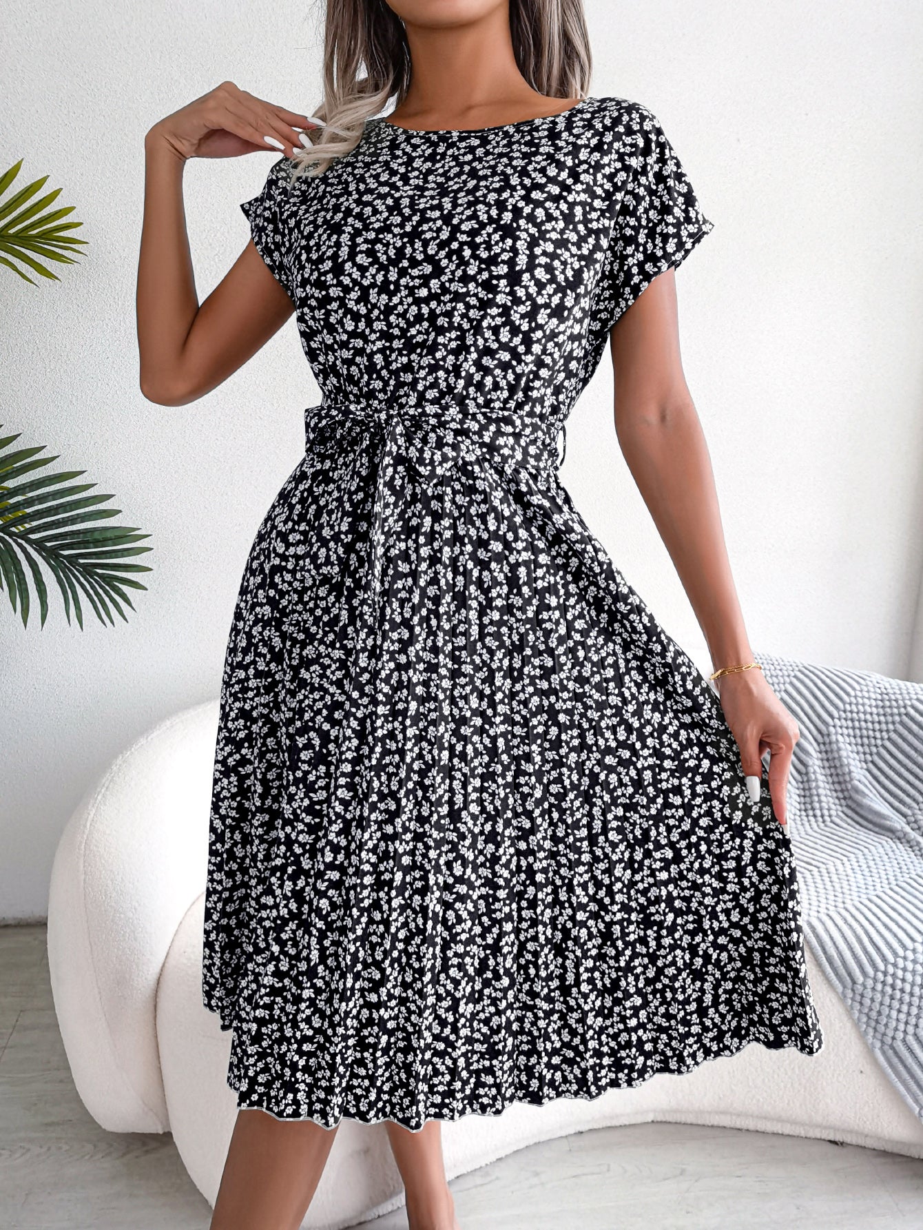Women Casual Short Sleeve Floral Print Flowy Pleated Skirt
