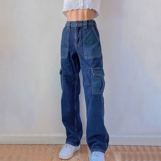 Washed dark multi - pocket design high waist straight leg jeans
