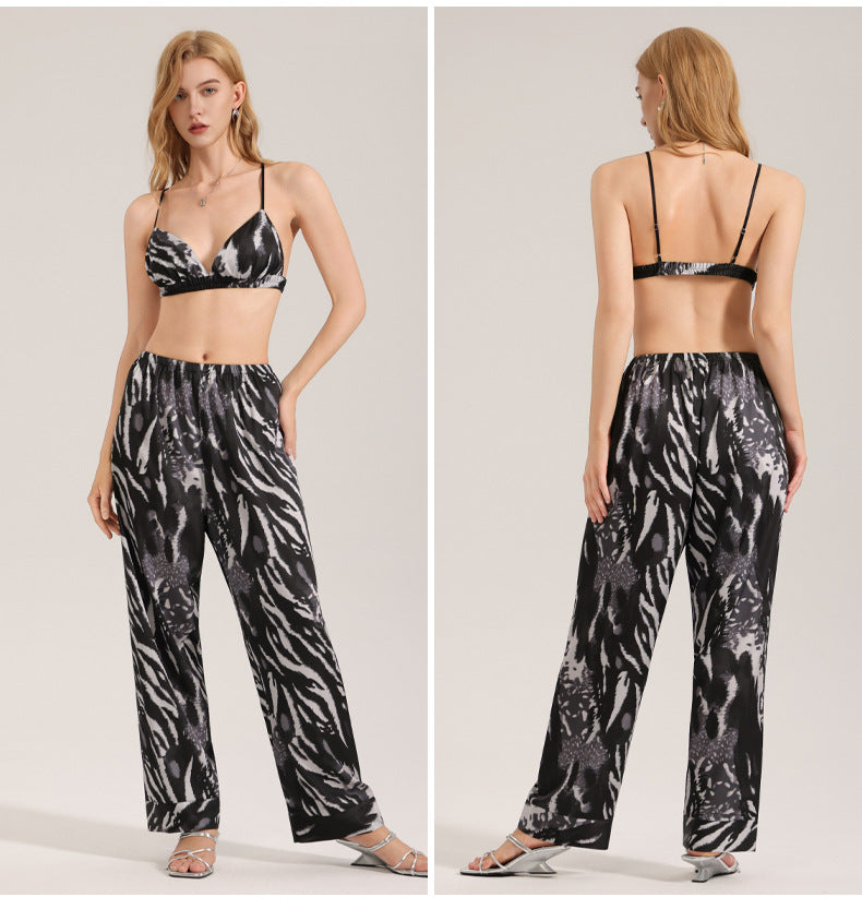 Zebra-Print Satin Chiffon Pajamas For Women Summer Cami Top And Pants Casual Loungewear Set