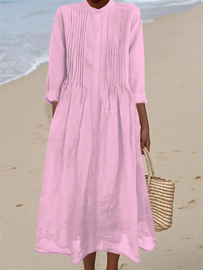 Long-sleeve Cotton-linen Womens Dress With A Shirt Collar