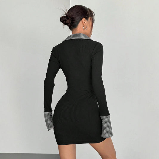 Black-and-white Plaid Knit Patchwork Mini Dress