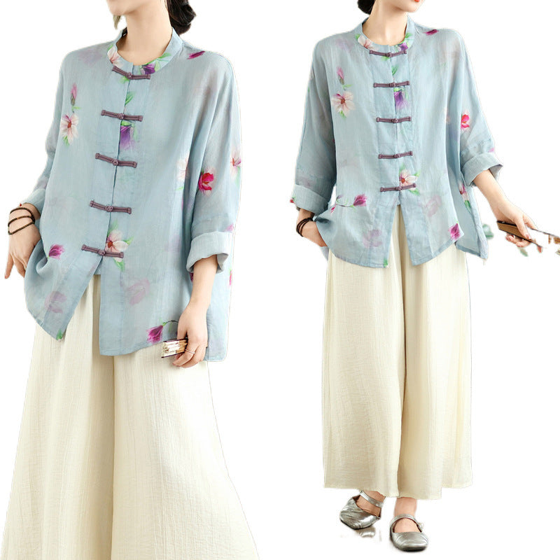 Ramie Frog Button Cardigan Coat All-match Suit