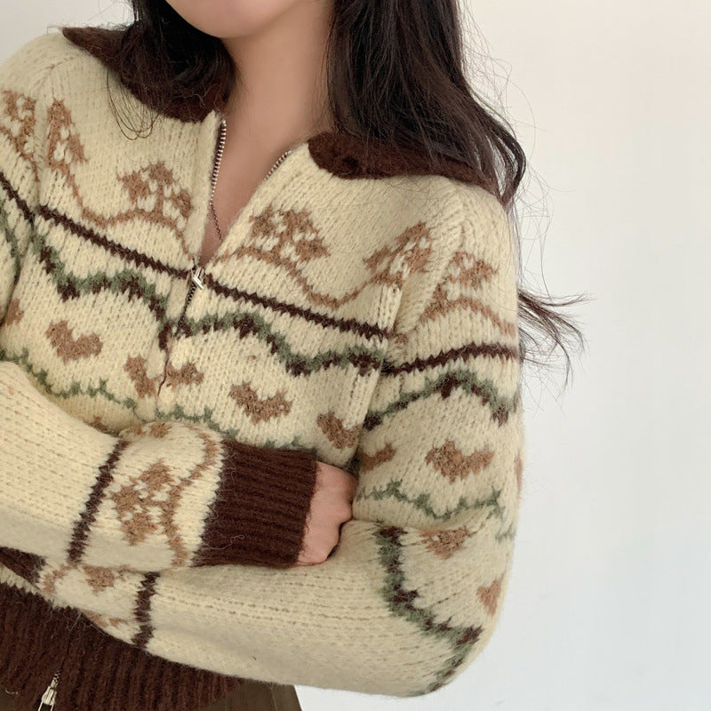 Retro Jacquard Weave Zip Sweater Cardigan Coat Women