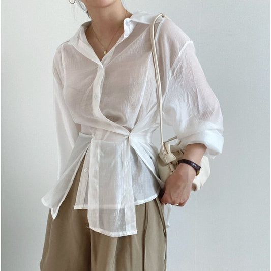 Irregular Buckle Lapel Long Sleeve Shirt Thin Simple Top
