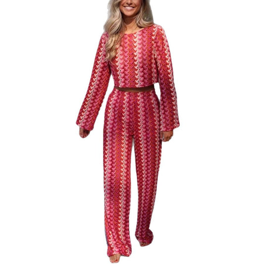 Women's Long-sleeved Trousers Round Neck Crocheted Knitted