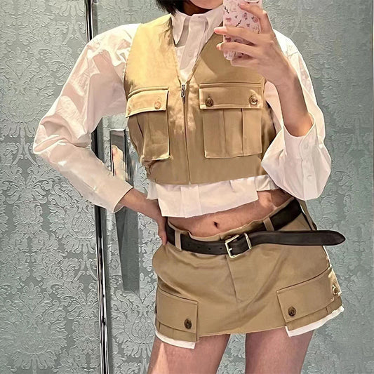 Fashionable Patchwork Pocket Half Length French Short Skirt