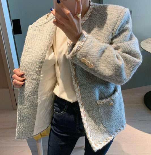 Women's Autumn Retro Crew Neck Single-breasted Loose Wool Short Coat
