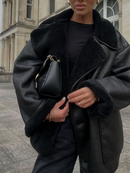 Retro Black Turn-down Collar Loose Fur Coat