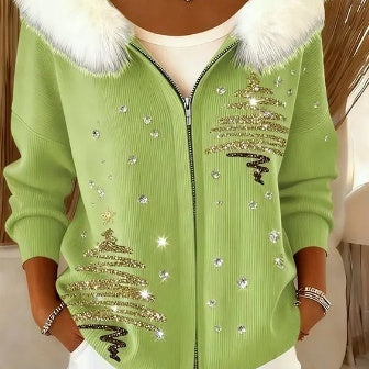 Stilfuld 3D Digital-Print Cardigan Til Damer Med Faux Fur Hætte