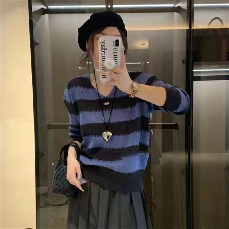 V-neck Needle Autumn New Striped Color Matching Long Sleeve Sweater Inner Bottoming Shirt Women