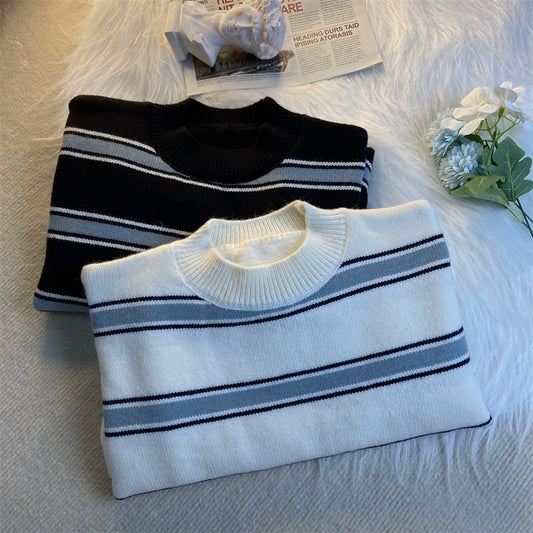 Stribet Crewneck Sweater Herre Efterårs- og Vinterstil