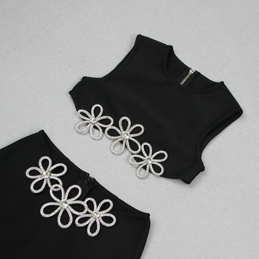 Women's Fashion Cutout Sleeveless Rhinestone Top Skirt Suit Bandage