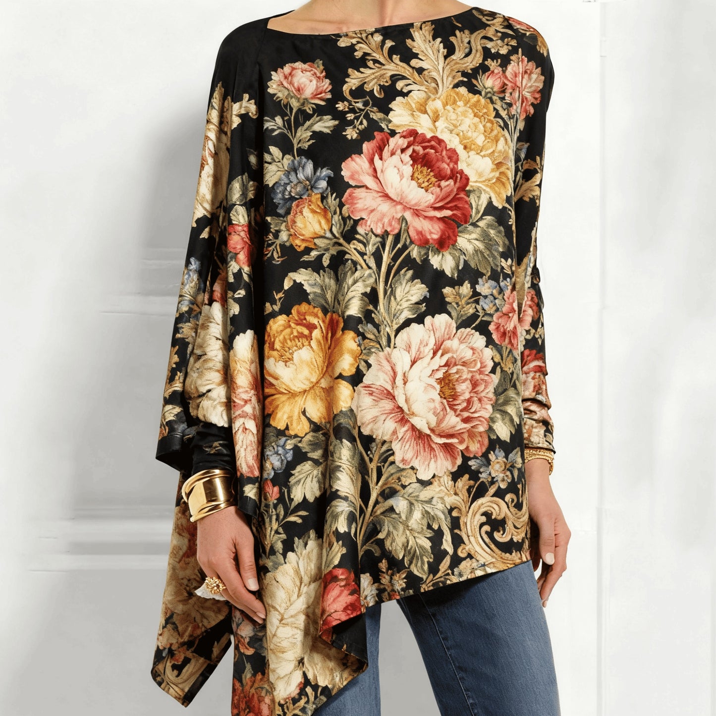 Asymmetrical Blouse In Vintage Floral Baroque Print