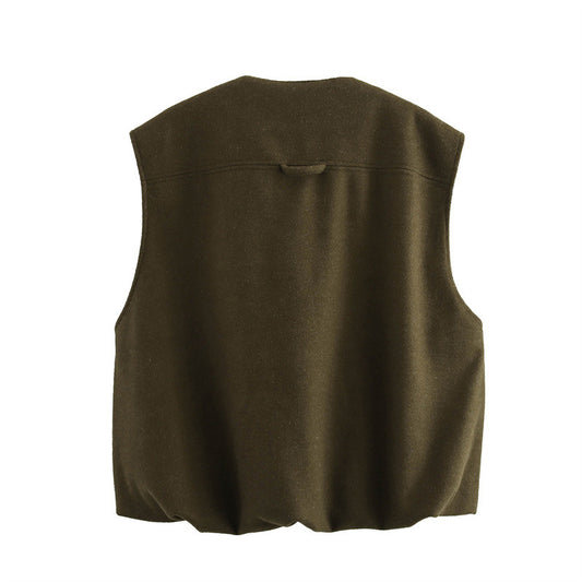 Loose Casual Sleeveless Pleated Loose Pockets Jacket