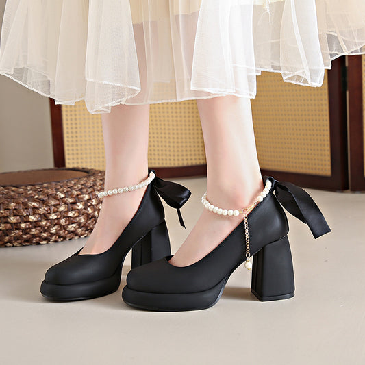 Mary Jane Shoes Women's Preppy Style Chunky Heel Pearl All-match