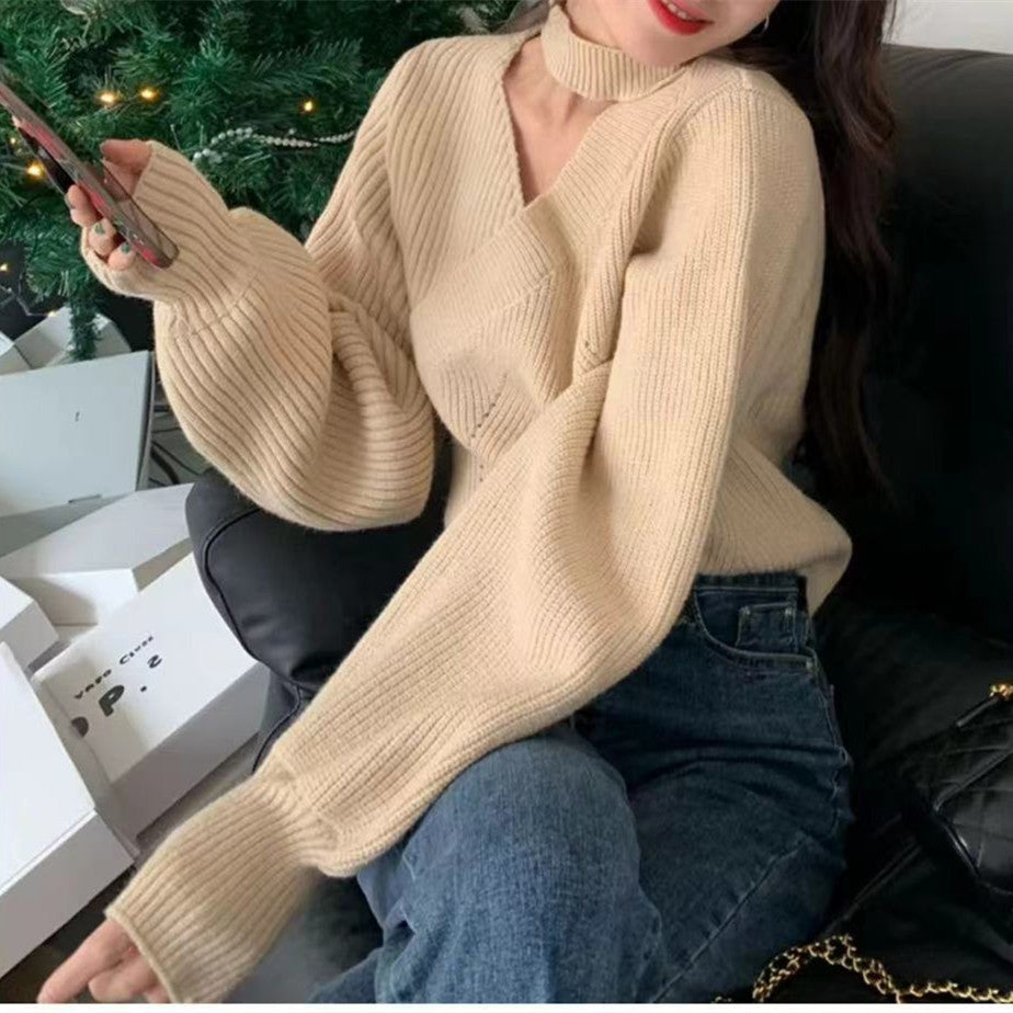 Halter Sweater Kort Strikket Undertrøje Med Niche Chic Dametop