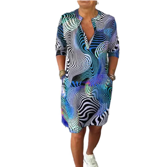 Middle-sleeve Floral-print V-neck Dress