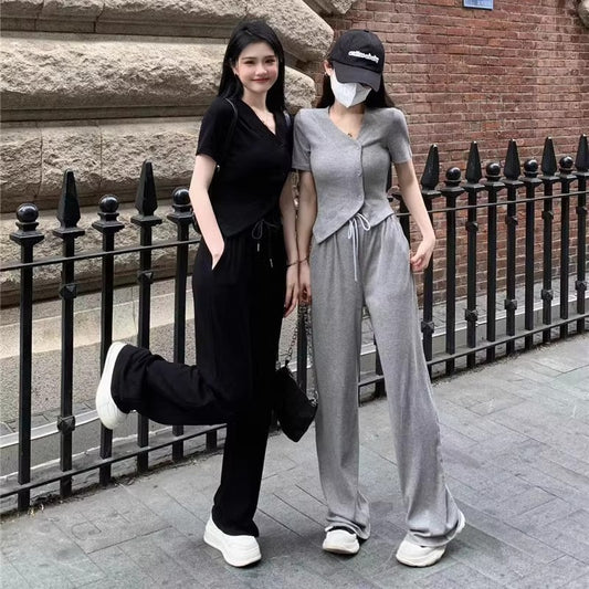 Short Sleeve Cardigan Top And Wide-leg Pants Two-piece Set
