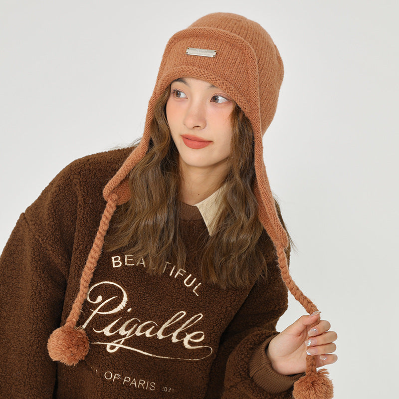 Women's Hat With Ear Protector And Wool Ball Knitting