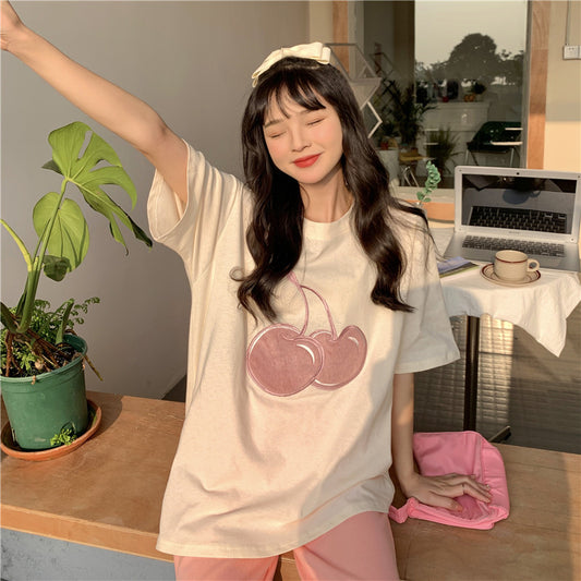 Sweet Embroidered Outer Wear Loose Mid Length Student Bottoming Top