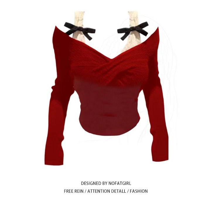 Falsk todelt blonde-panel off-shoulder langærmet T-shirt