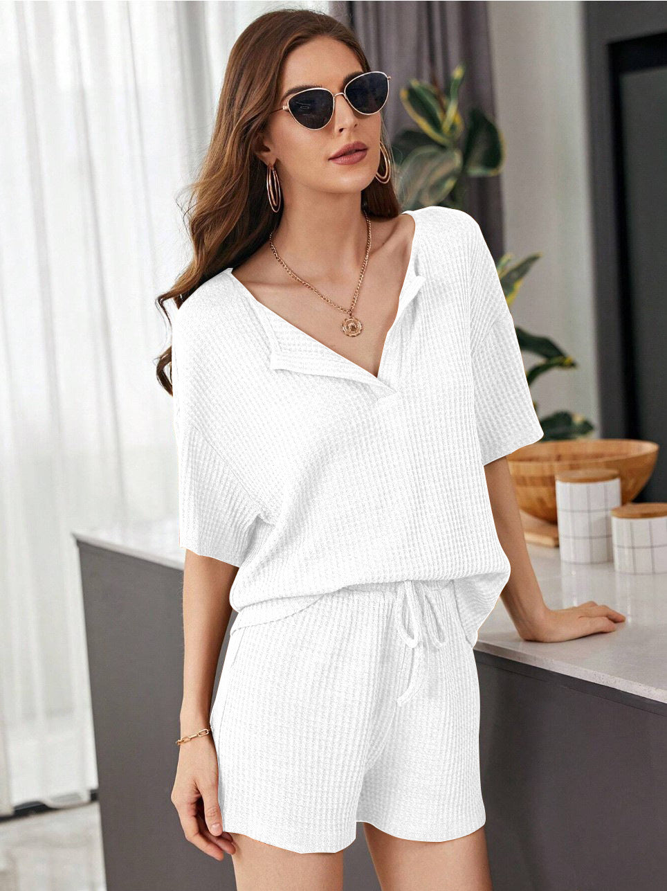 New Womens Short-Sleeve Waffle-Weave Casual Set