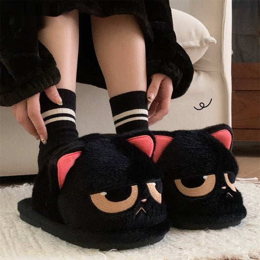 Cute Couple Angry Little Black Cat Fur Men And Women Thermal Cotton Slippers