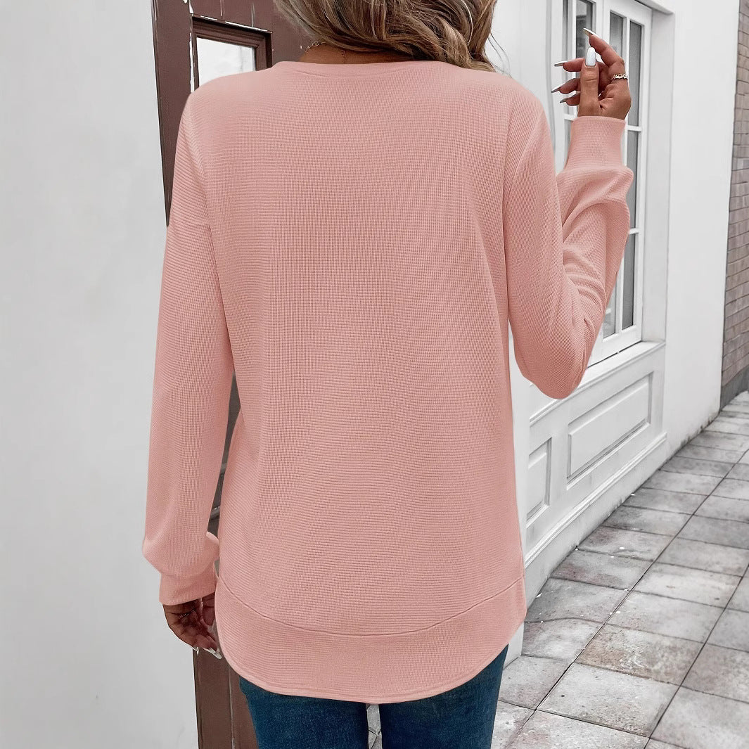 Round Neck Long Sleeve Solid Color Top Waffle T-shirt For Women