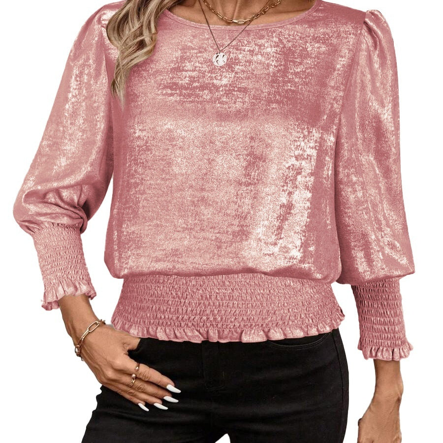 Round-neck Gold-stamped Elasticized Mid-sleeve Pullover Shirt