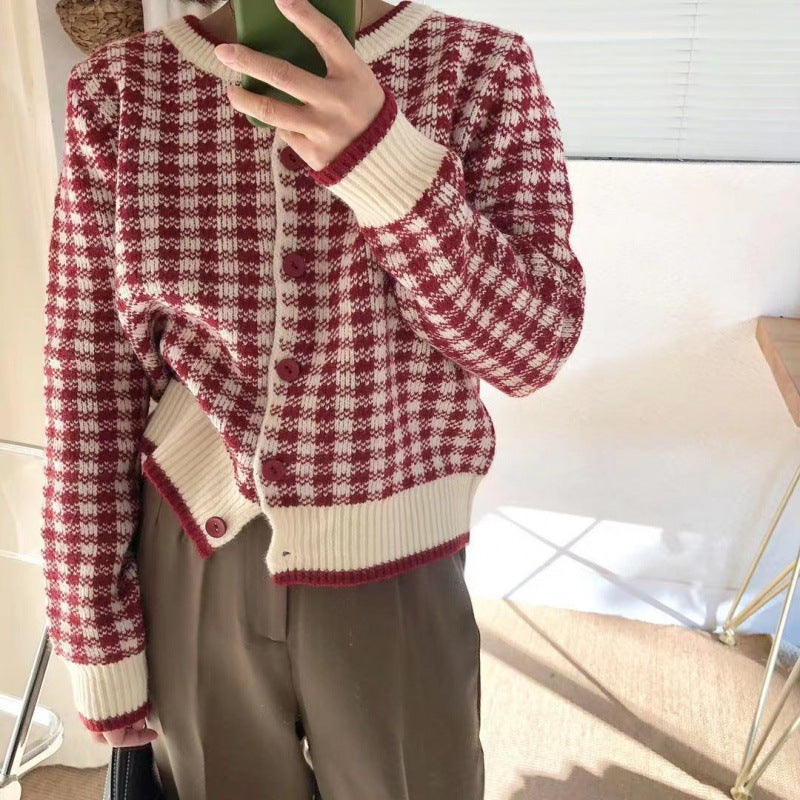 Vintage Simple Contrast Round Neck Plaid Knit Coat