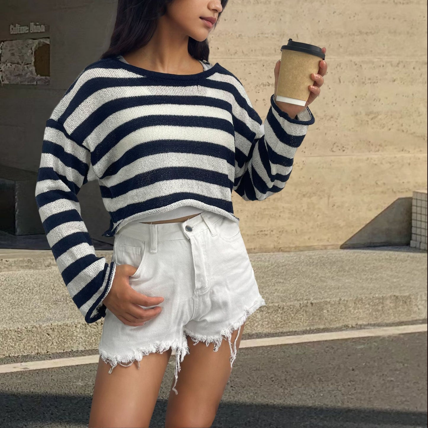 Front And Back Wearable Striped Long-sleeved Sweater