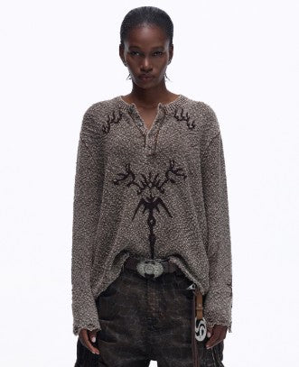 Totoro Jacquard Henley-Neck Knitted Base Layer Top