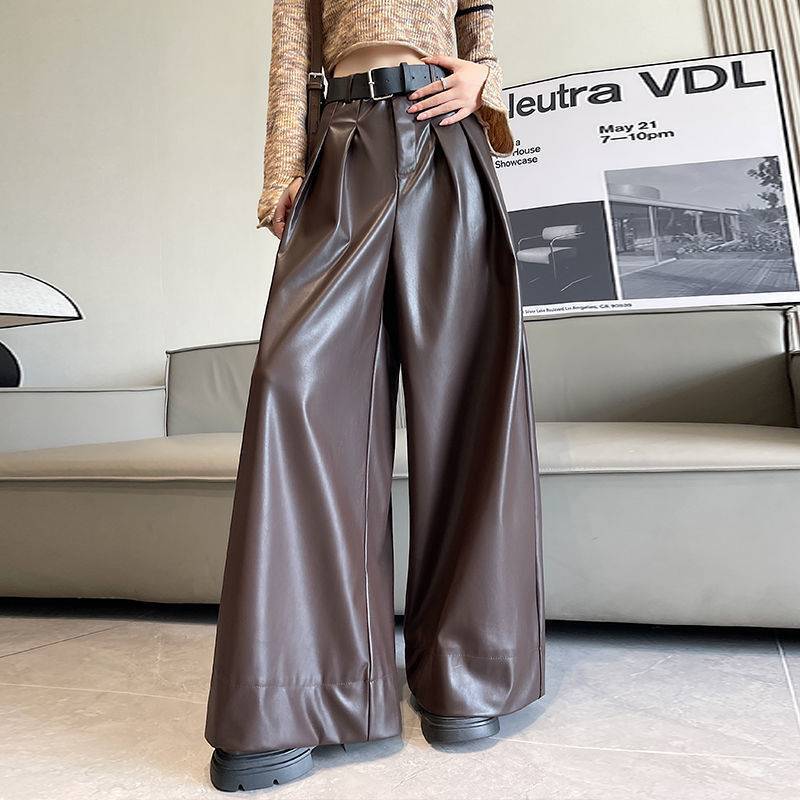 Suit Wide-leg Leather Pants Women's High Waist Loose
