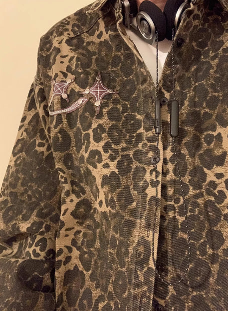 Vintage Leopard Print Water-washing Embroidery Denim Coat